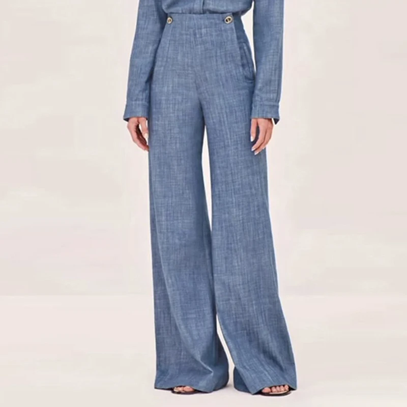 

Krisstargirl, новинка 2025, модные простые повседневные прямые брюки для женщин, синие брюки с высокой талией для офисной женской одежды