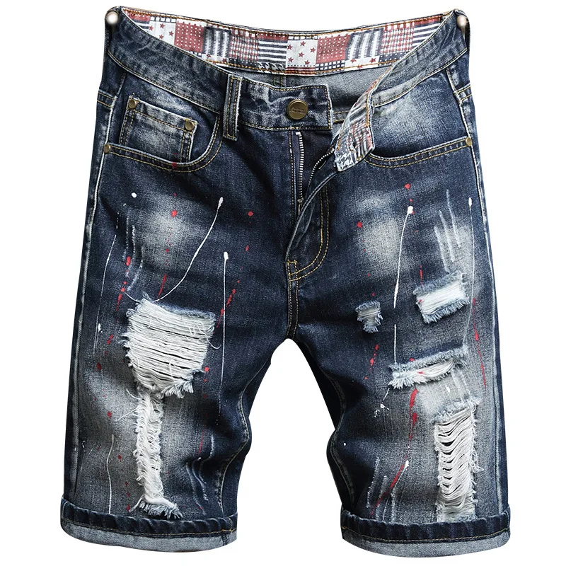 2024 Summer Ripped Denim Shorts Men's Loose Straight Trend All-Matching and Handsome Beggar Motorcycle Shorts
