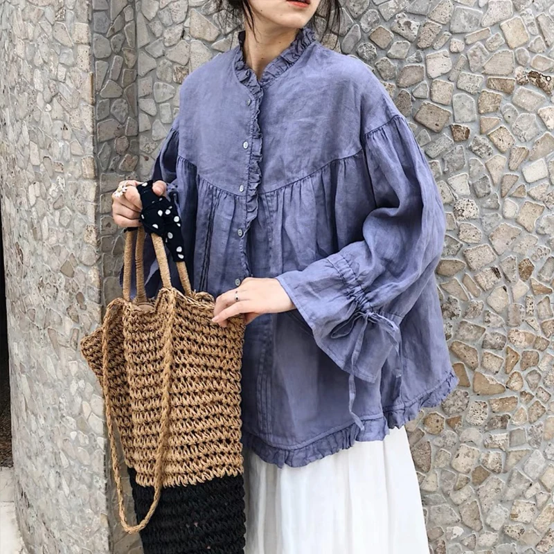 

Johnature Japanese Linen Ear Loose Balloon Sleeve Shirts Women Retro 2024 Autumn New Casual Solid Color Loose Irregular Blouses