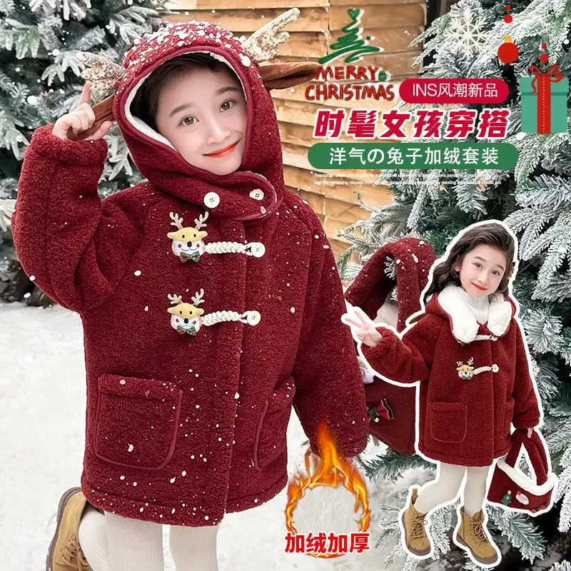 

Winter Girls Long Fashion Cotton Cute Woolen Coat Baby Kid Princess Christmas Red Thick Cartoon Coat Children Warm Hooded Jacket