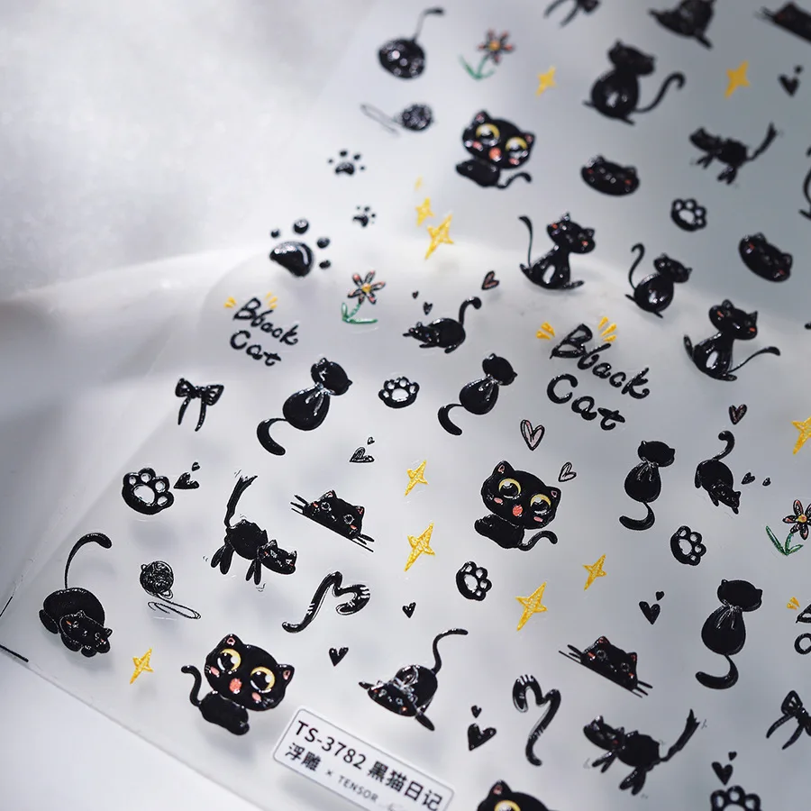 Lovely Black Cat Bowknot Flowers Stars 5D Embossed Reliefs Self Adhesive Nail Art Stickers Cute Kitten Manicure Decals Wholesale