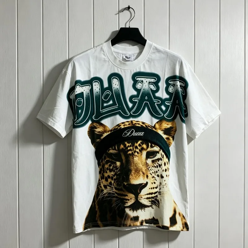 White Ink Direct Spray Cheetah Print Gradient Hotfix Rhinestone Letter DUAA Tshirts Men Women Summer Street Short Sleeve Tops