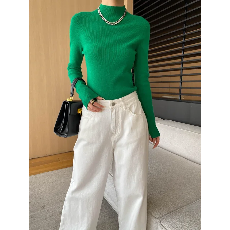 

Women Simple Basic Semi-turtleneck Knit Bottoming Shirt Elastic Comfortable Long Sleeve Warm Autumn Korea Chic Sweater 18 Colors