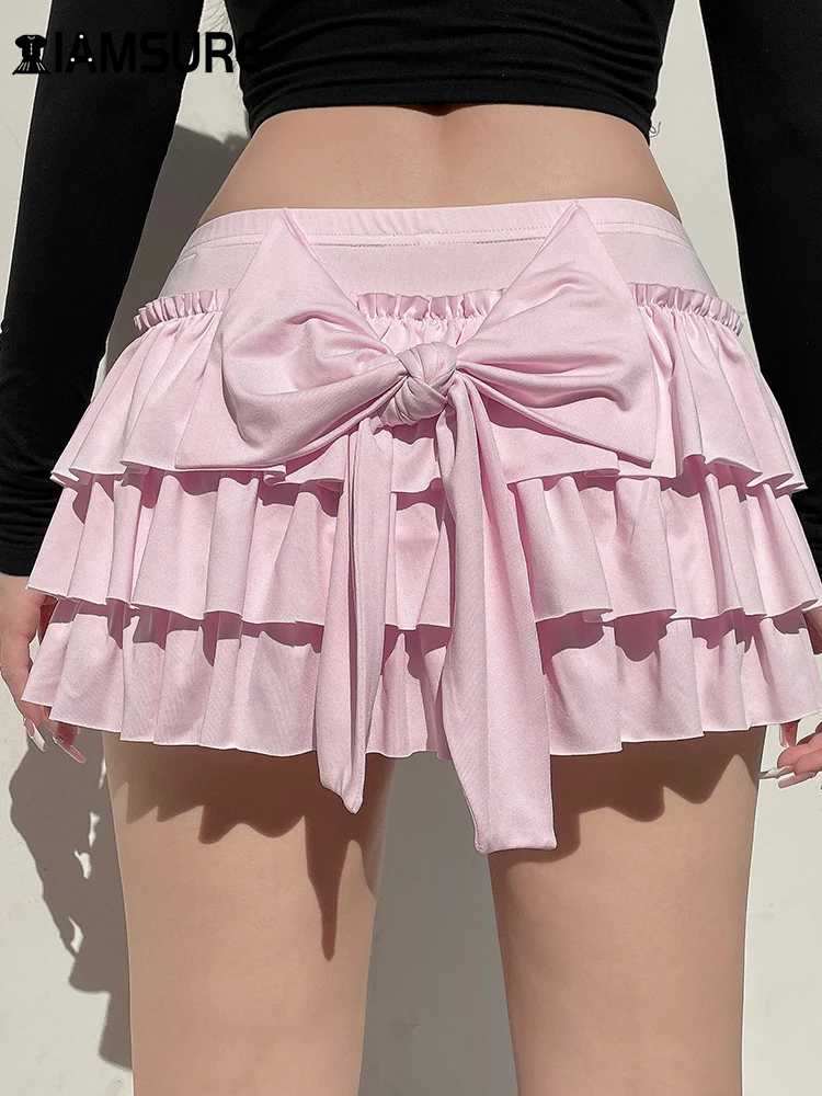 IAMSURE Casual Sweet Solid Bow A-Line Skirt With Skirt Slim Low-Waisted Mini Skirts Women 2023 Summer Fashion Streetwear Ladies