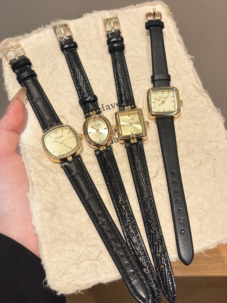 

Women's Accessories, Watches, Luxury Niche Vintage Leather Strap, Black Gold Small Cube Style, Women's Watch Gift
