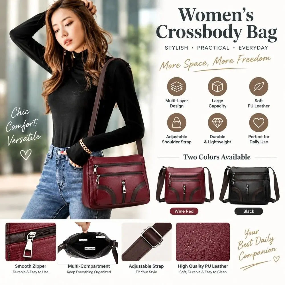 New PU Leather Shoulder Bag Large Capacity Multi-layer Tote Bag Vintage Waterproof Crossbody Bag For Women Daily view 4