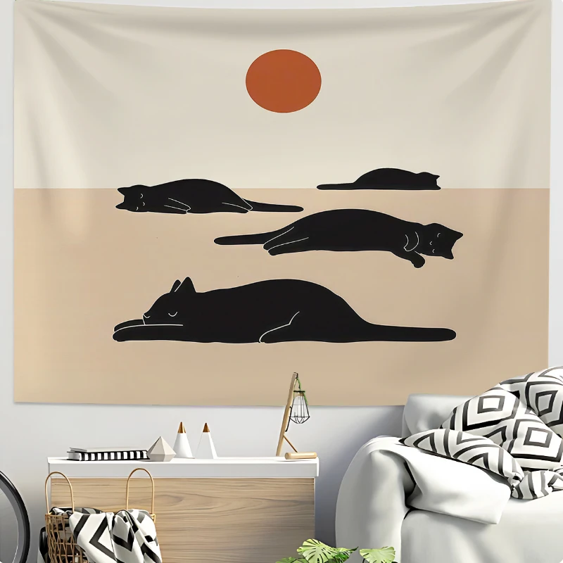 VIKAMA Rainbow Cat Boho Wall Tapestry, Minimalist Aesthetic Hanging Cloth for Living Room Bedroom Apartment Home Decor