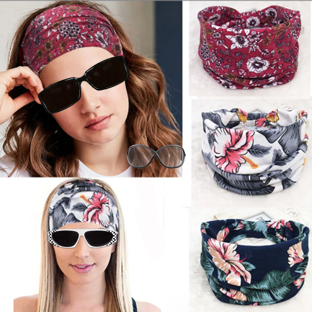 Diadema bohemia de doble capa para mujer, turbante deportivo con rayas de flores y hojas, H023