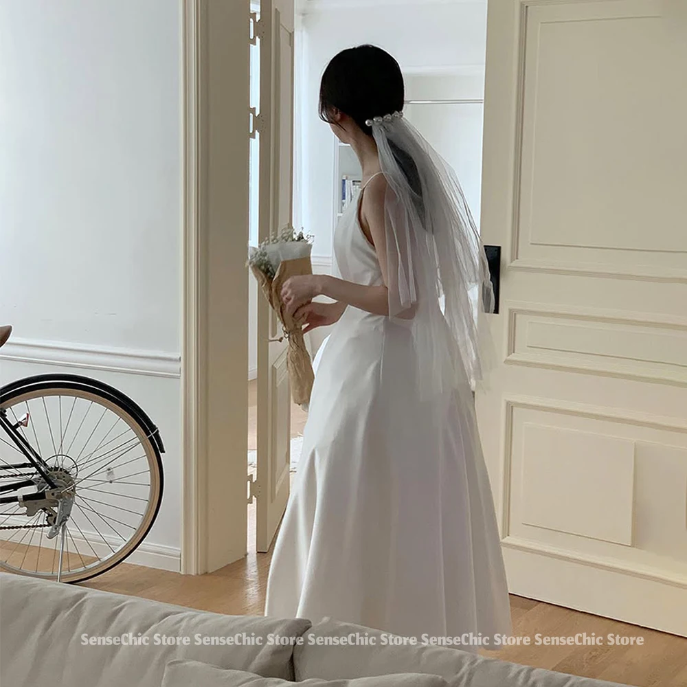 Robes de mariée simples à bretelles Spaghetti plissées, en Tulle, corée, élégantes, sans manches, ligne a, personnalisées, 2025