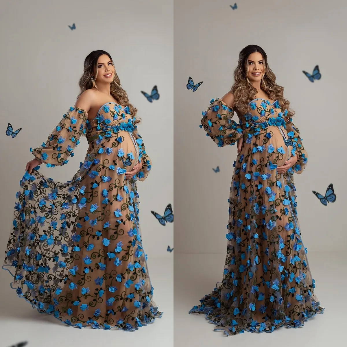 3D Floral Maternity Dresses for Photo Shoot Illusion Pregnancy Prom Dress with Detachable Sleeves Women Maxi Gown