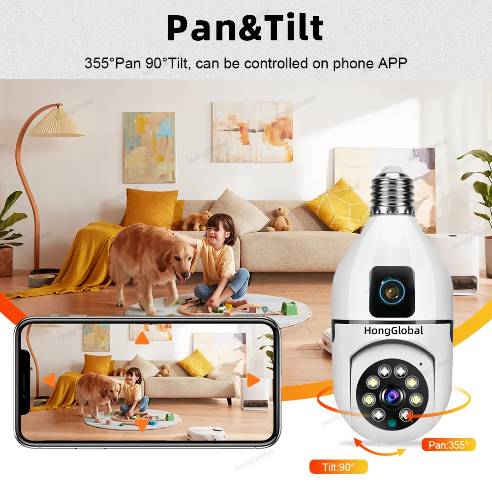 HongGlobal 8MP Smart Wireless Panoramic Home PTZ Surveil Security Bulb Camera Yiiot Dual Lens 4G 360 Degree WiFi Bulb Camera