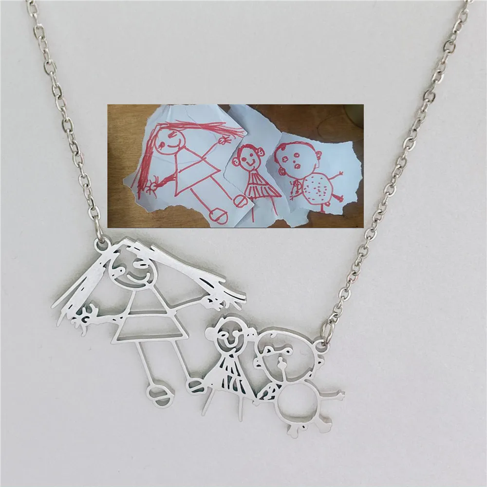 Custom Kids Drawing Necklace Stainless Stee Personalized Children Artwork Pendant for Kids Mom Family Jewelry Gifts