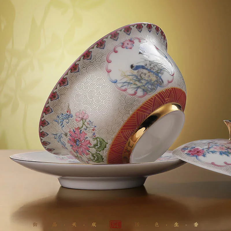 

Ceramic Kung Fu tea set, a complete set of high-grade filigree silver Guochao court style enamel color cover bowl gift box