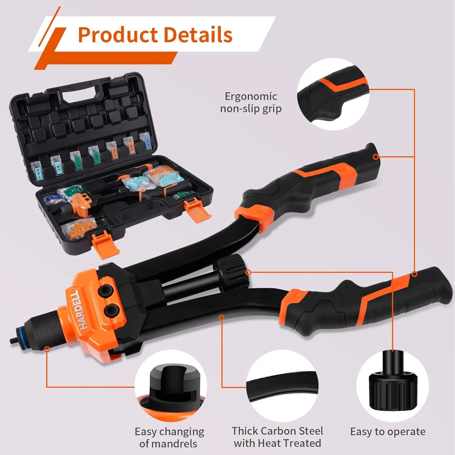 14" Rivet Nut Tool Kit with 100 Nuts, 7 Metric & Inch Mandrels, and Rugged Carrying Case for Metal Work