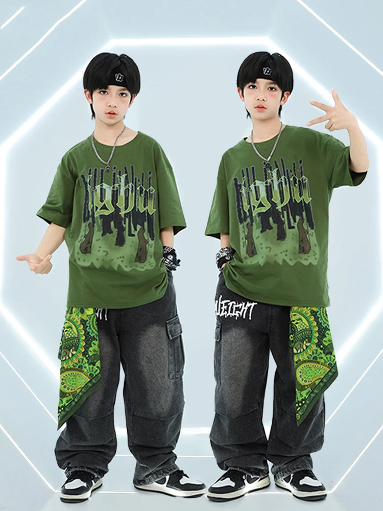 New Kids Groen Pak Hip Hop Dance Streetwear Korte Mouw Tops Jeans Jazzdans Street Dance Prestaties Kostuums Dragen DN20200