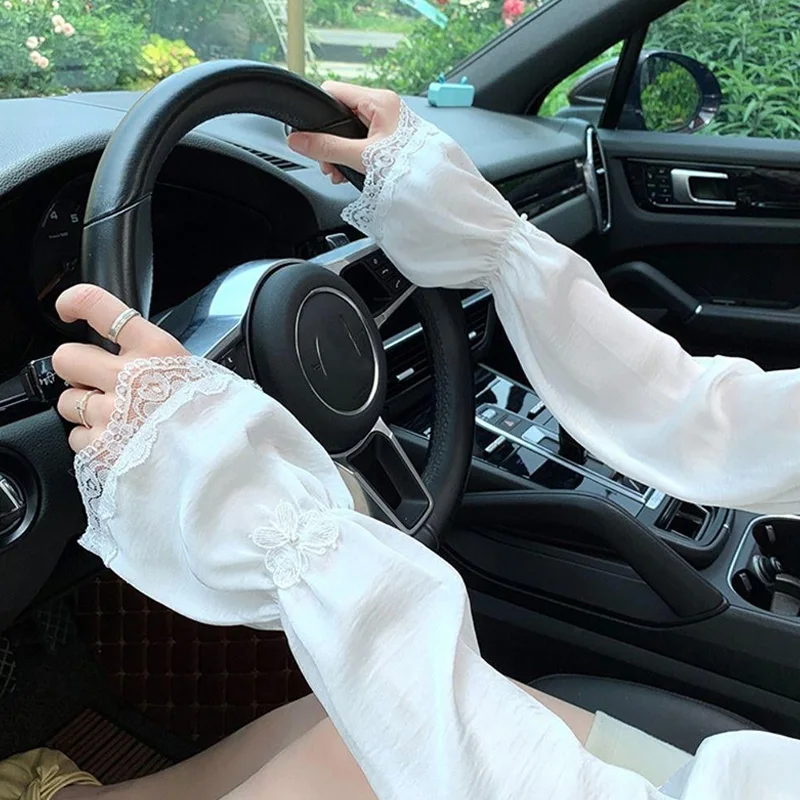 Maniche di protezione solare con fiocco in pizzo Donna Moda coreana Maniche larghe in seta di ghiaccio Estate Anti-UV Parasole Ciclismo Guida Manica lunga