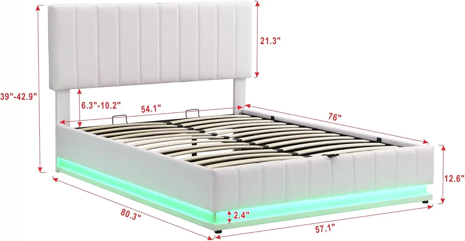 Full Size Lift Up Storage Bed Frame With Led Lights, Sockets And Usb Ports, Full Platform Bed With Hydraulic Storage System, Pu