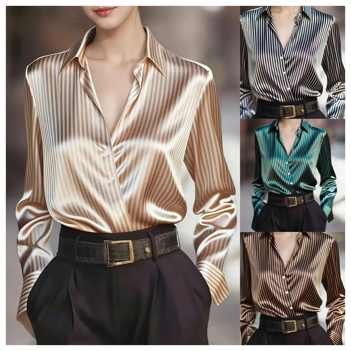 

Women's Fashion French Style Stripe Shirt Long Sleeve Retro Vintage Casual Blouse Loose Office Women Top