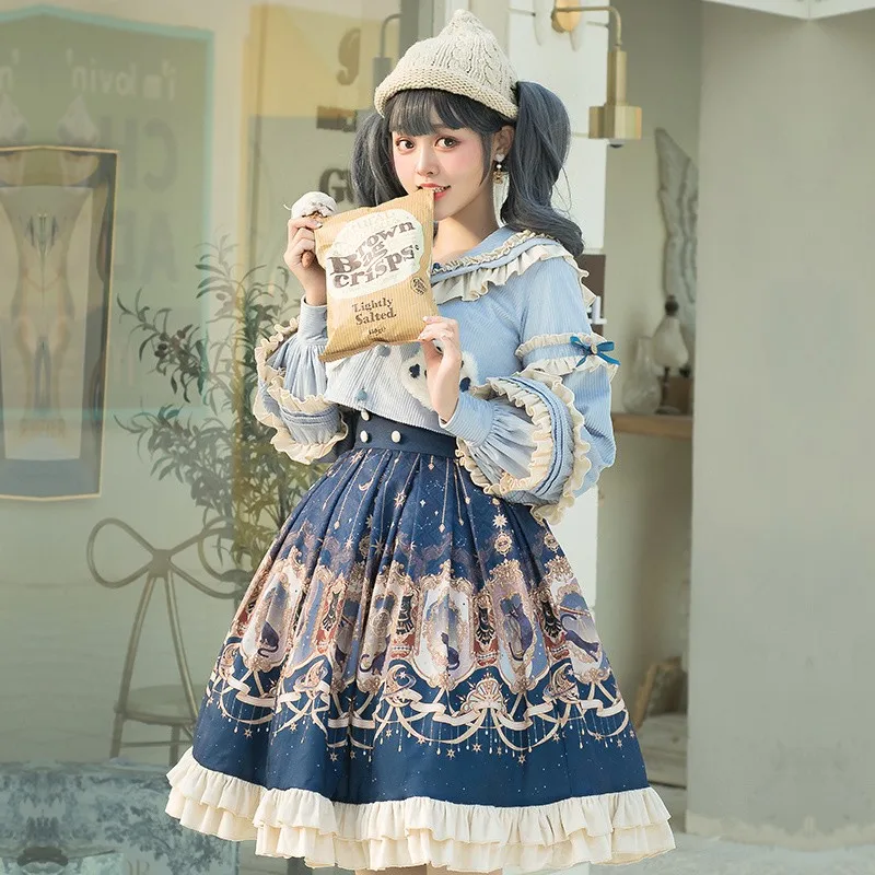 

Women Lolita Dress Retro Court Style Skirt+cloak+blouse Royal Printed Lolita Dress Female Ruffles Horn Buckle Bow Tie Dress 2022