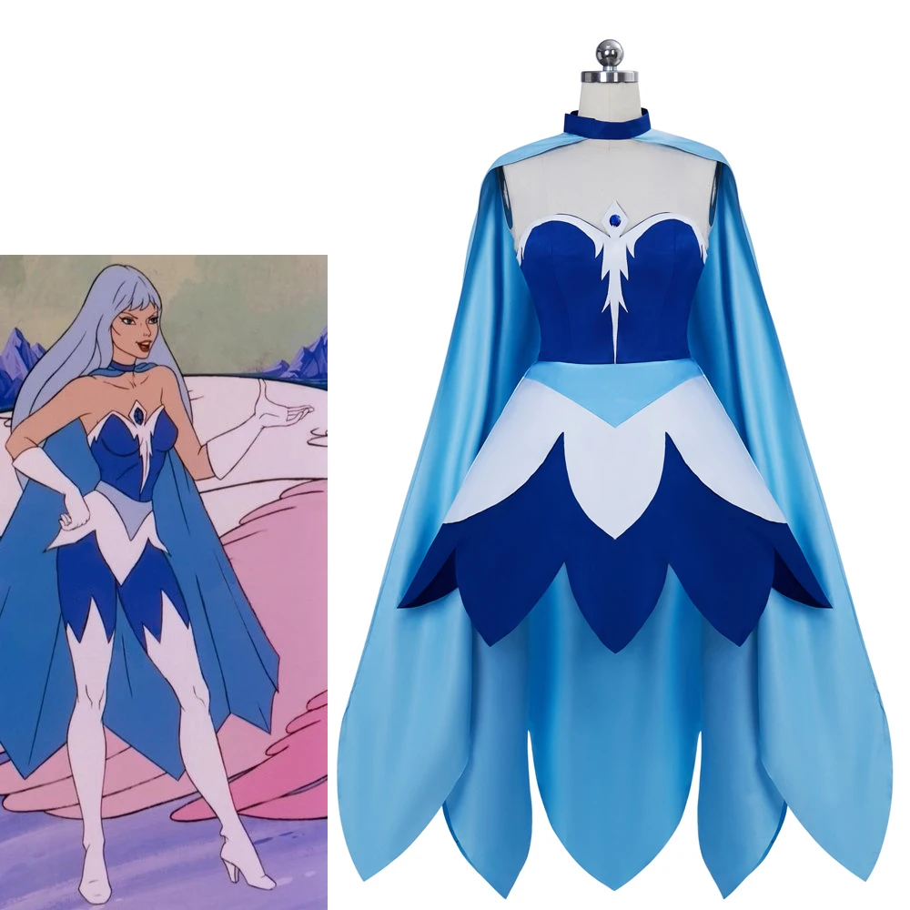 أزياء She-Ra Princesses Frosta التأثيرية فستان نسائي أزرق مع عباءة بدلة عرض حفلات الهالوين