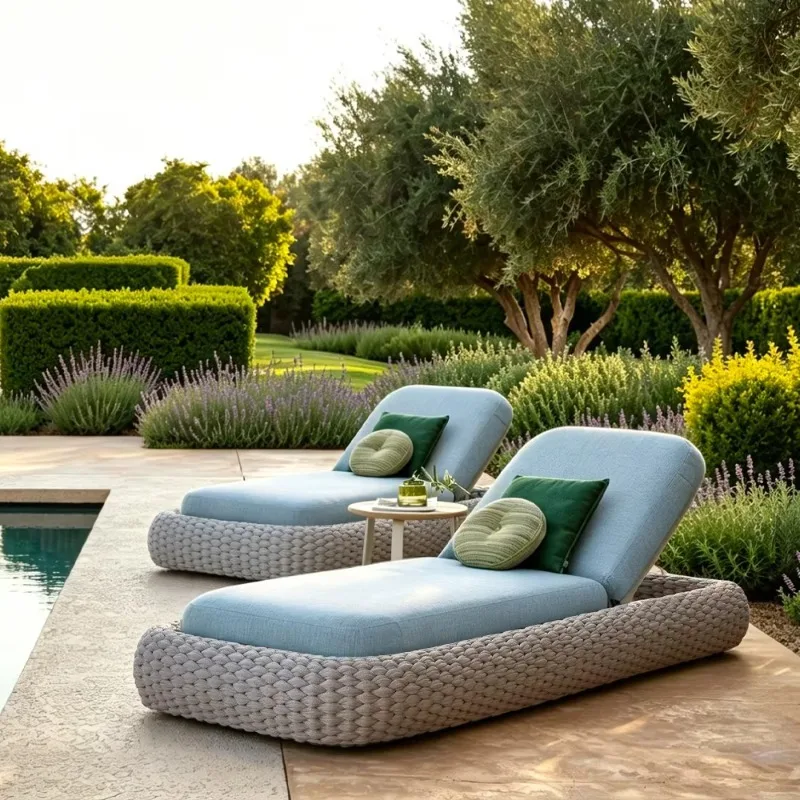 Custom Sun Lounger Hand-woven Rope Aluminum Frame with Quick Dry Cushion for Resort Villa Poolside Project OEM Supported