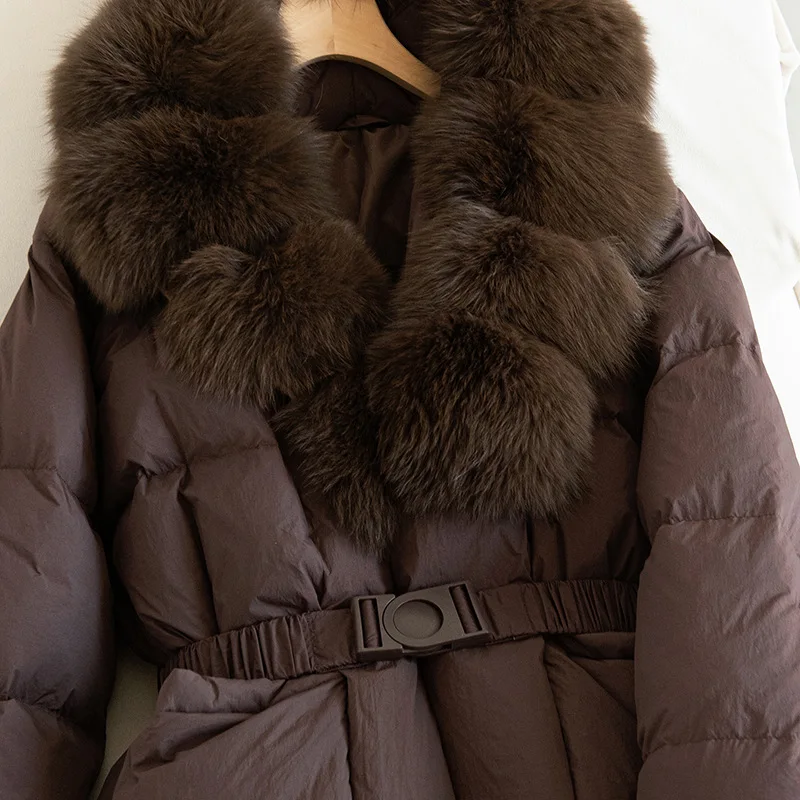 Nueva chaqueta de plumón de piel de zorro para mujer de invierno, chaqueta de plumón con cordones y cuello en V para ir al trabajo