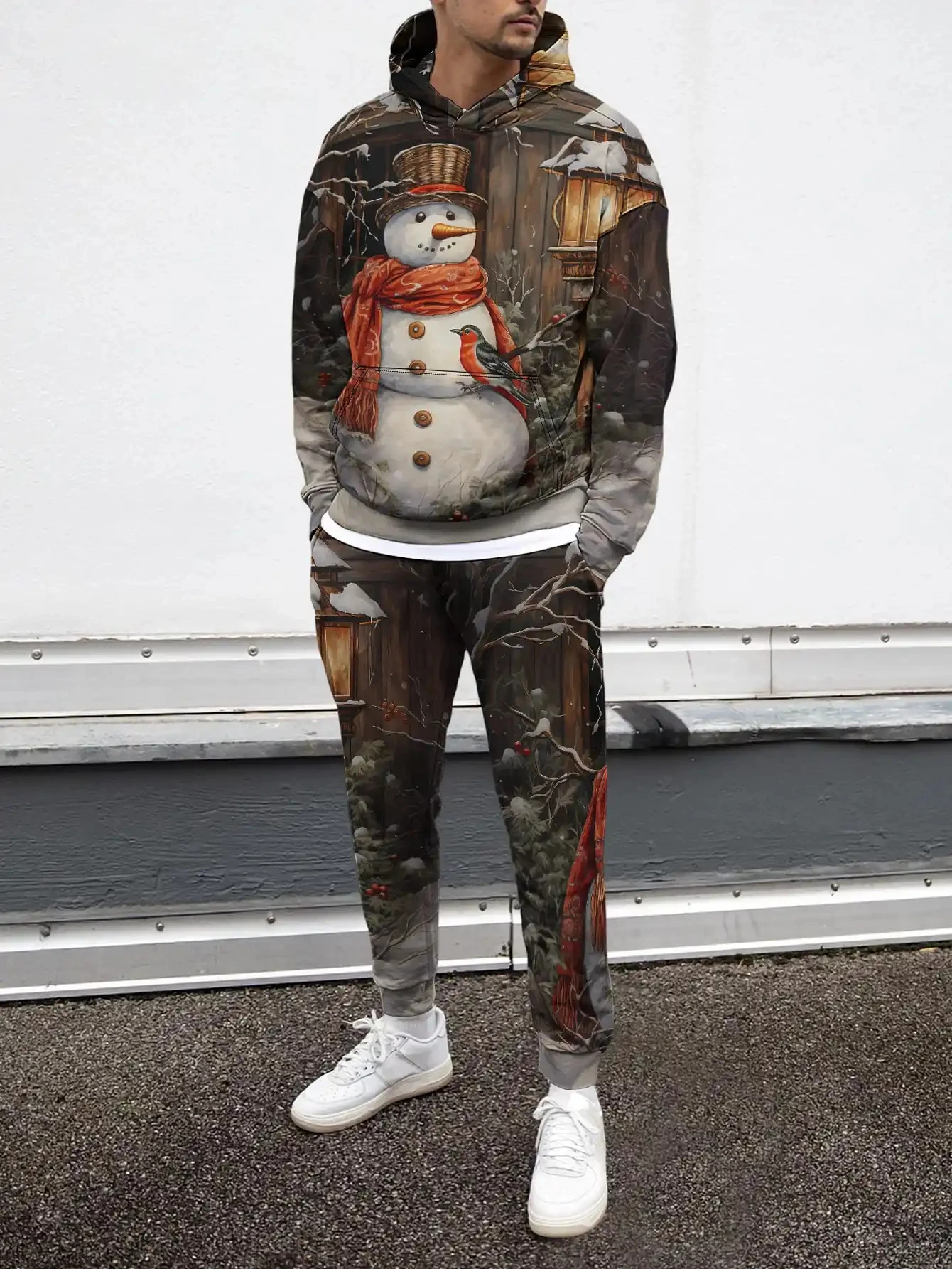 Conjuntos de moletons masculinos com estampa 3D de boneco de neve, moda criativa, design de manga comprida, tops e calças, outono inverno, conjunto de duas peças