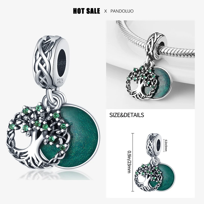 2024 Hot Sale Green Tree Of Life Shape Charm Bead Fits Pandach Bracelet Women Silver Pendant Beads DIY Jewelry Gift