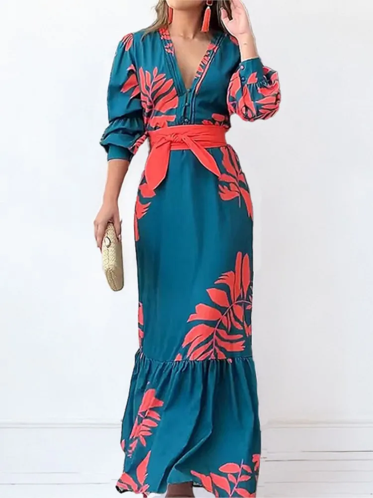 

Fashion Print Dress For Women Elegant V-Neck Long Sleeve High Waist Lace-Up Long Dresses Femme Casual Holiday Clothes Vestidos