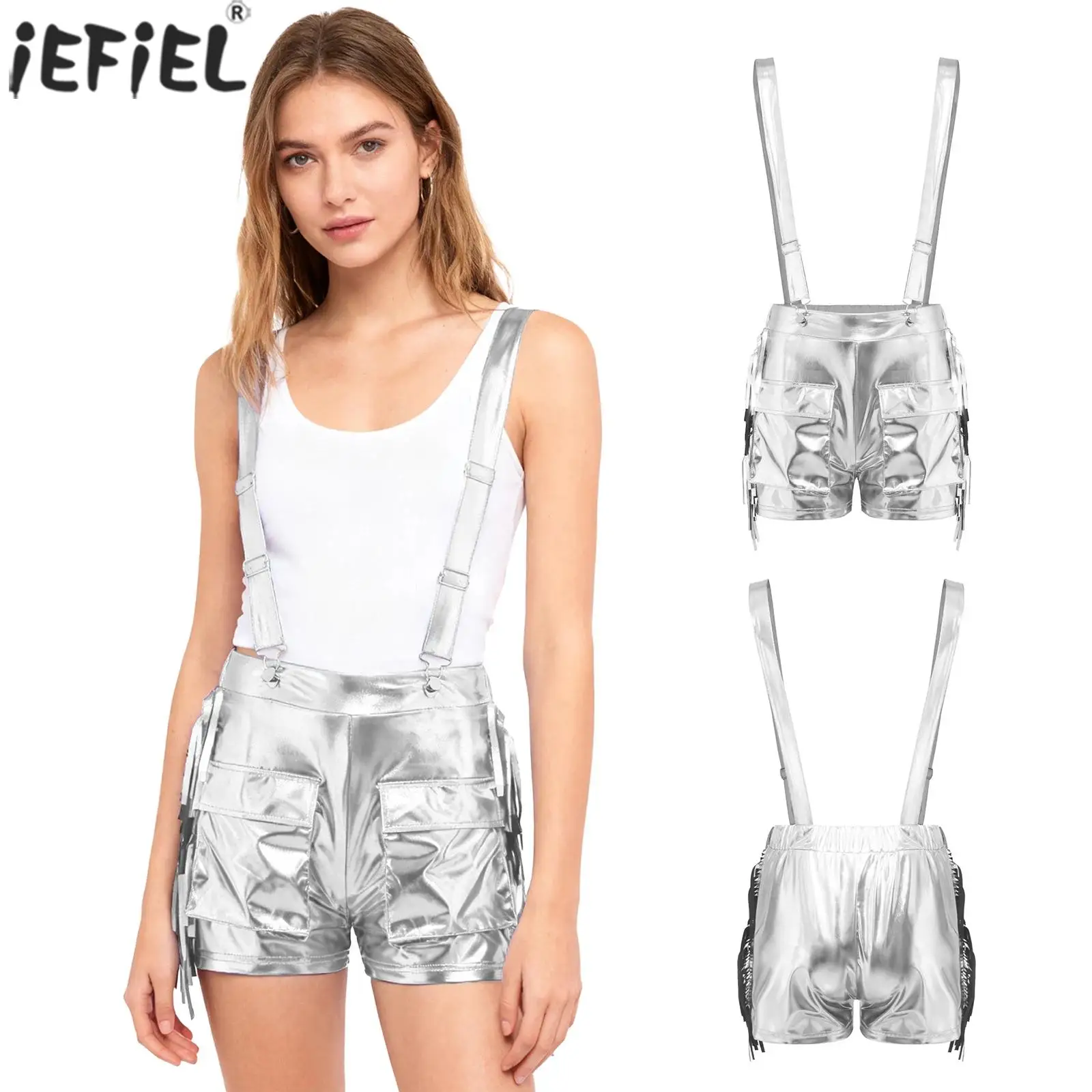 여성 서스펜더 롬퍼 반바지 조절 가능한 어깨끈 사이드 프린지 디자인 두 개의 포켓 가터 반바지 파티 레이브 일상용