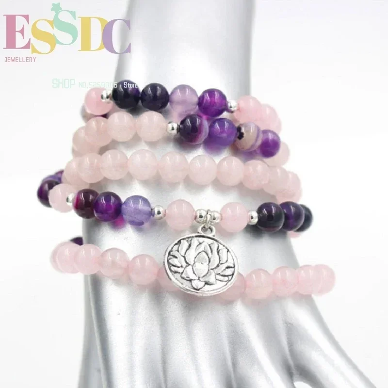 New Design 8mm Natural Pink Crystal Violet Striped Onyx 108 Mala Beads Bracelet or Necklace Lotus Pendant Female Yoga Jewelry