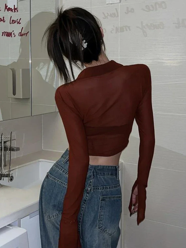 Shirts Women Red Sexy Slim See-through Korean Style Vintage Summer Sun-proofed Chic Hot Girls Streetwear Crop Tops Soft Cozy