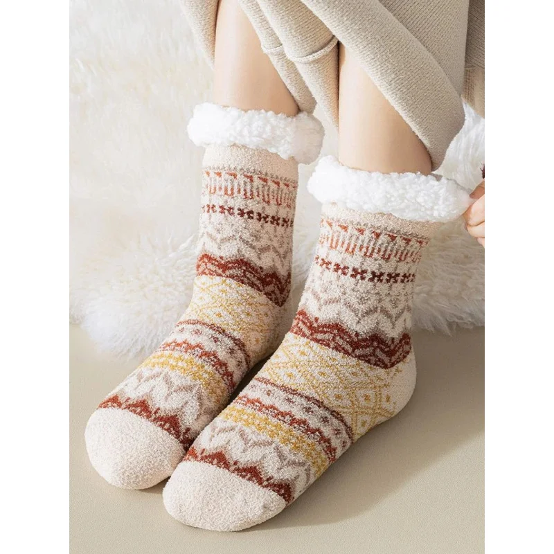 

Носки-тапочки из овечьей шерсти, осенние и зимние утолщенные флисовые теплые нескользящие силиконовые домашние носки, носки-трубы в этническом стиле