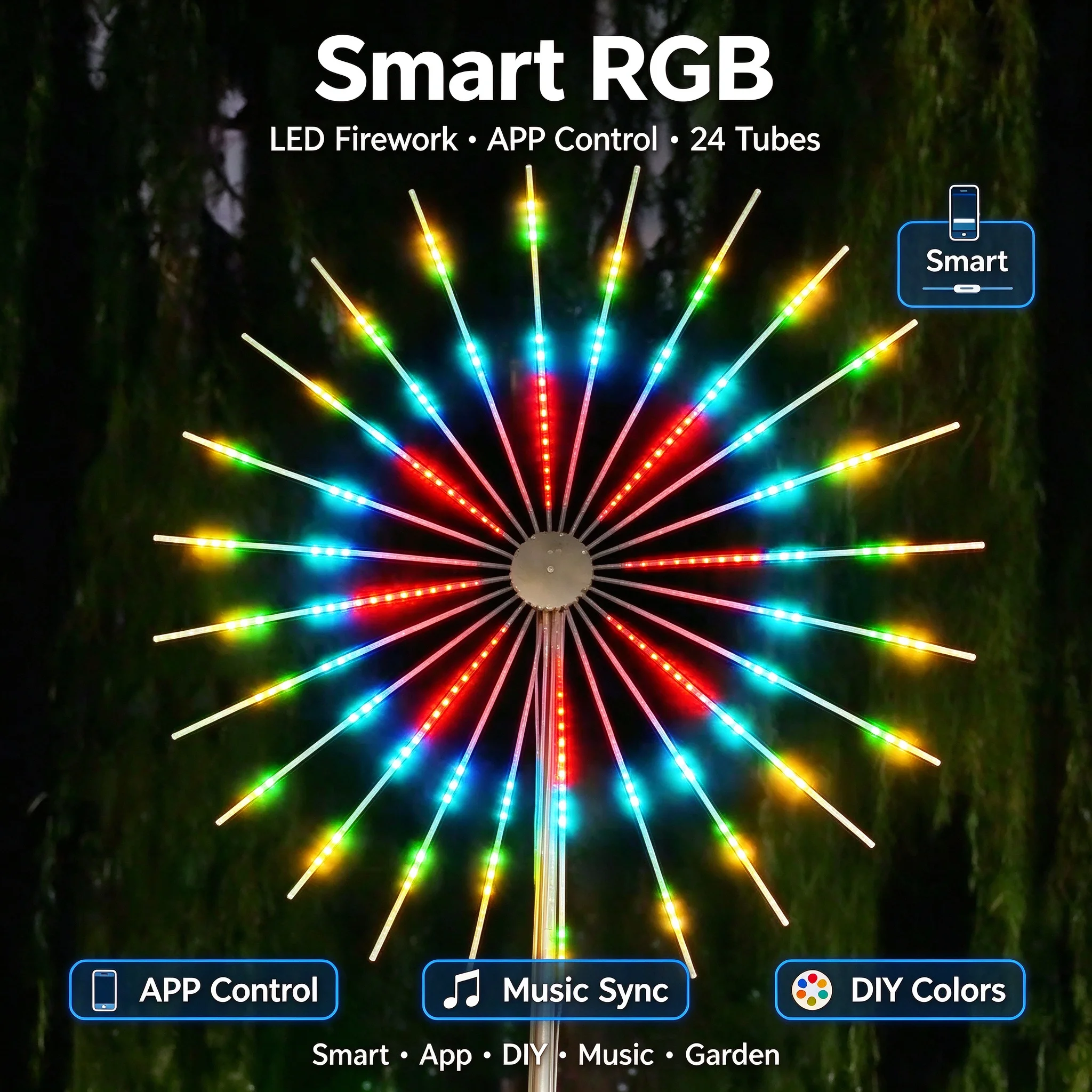 2026 Waterproof Firework Lights, Weather Resistant, Sound Activated RGB, Dual Speakers, APP Bluetooth, Yard