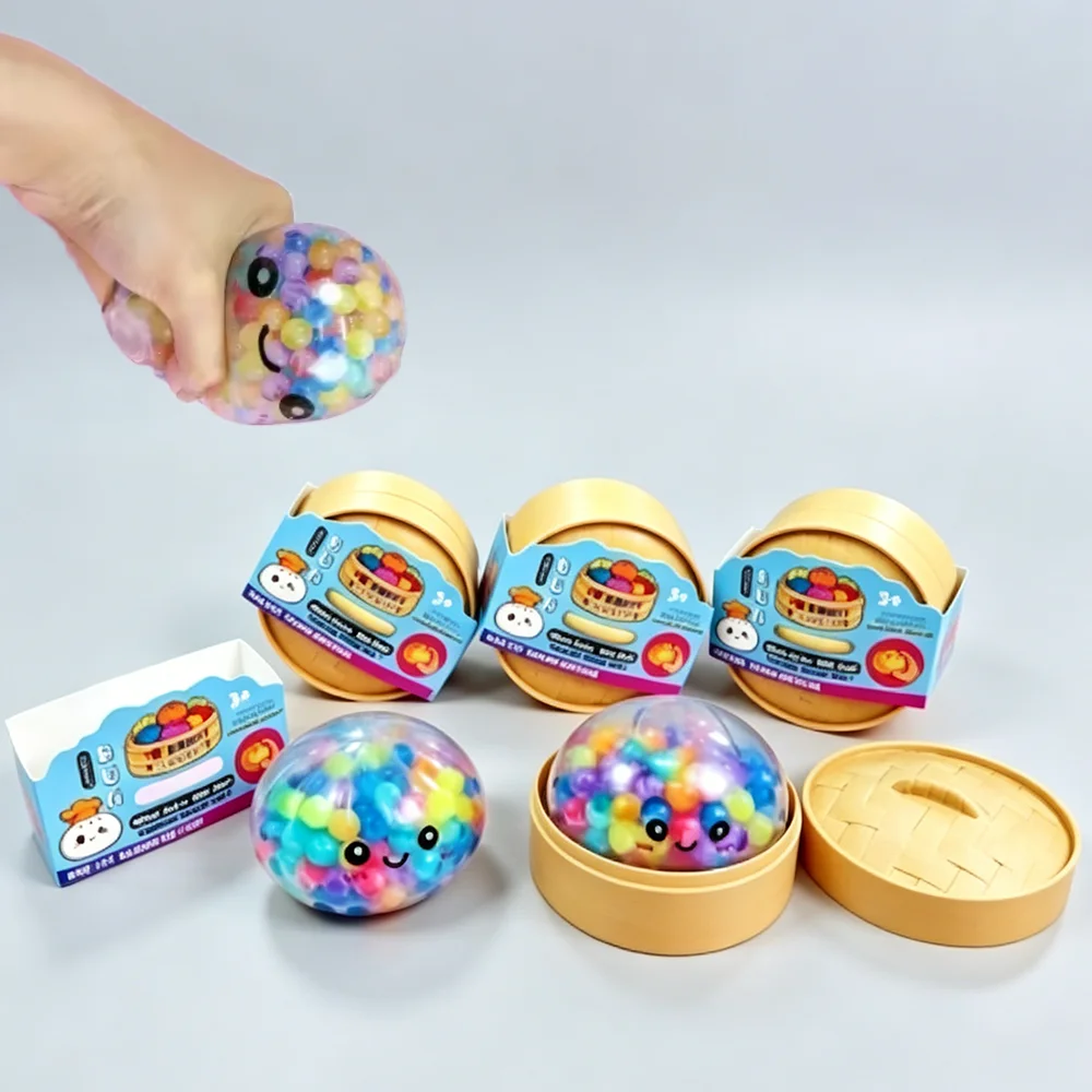 Hot Glitter Dumpling Squishy with Bead Squeeze Toy for Stress Relief with Bamboo Steamer