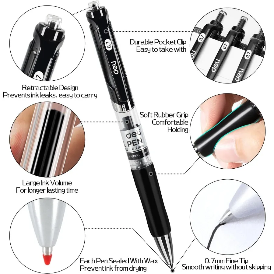 أقلام جل 30 قطعة أقلام قابلة للسحب حبر أسود قلم نقطة متوسطة السائبة 0.7 مللي متر كتابة سلسة سريعة الجفاف لا تنزف لرحلة ملاحظة Takin