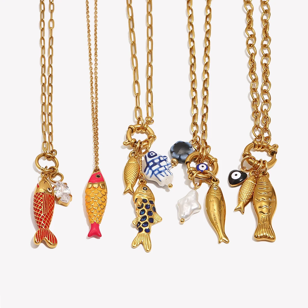 E.B.belle Colorful Enamel Luck Fish Pendant Necklace Hypoallergenic 18K Gold Plated Stainless Steel Necklace Summer Jewelry