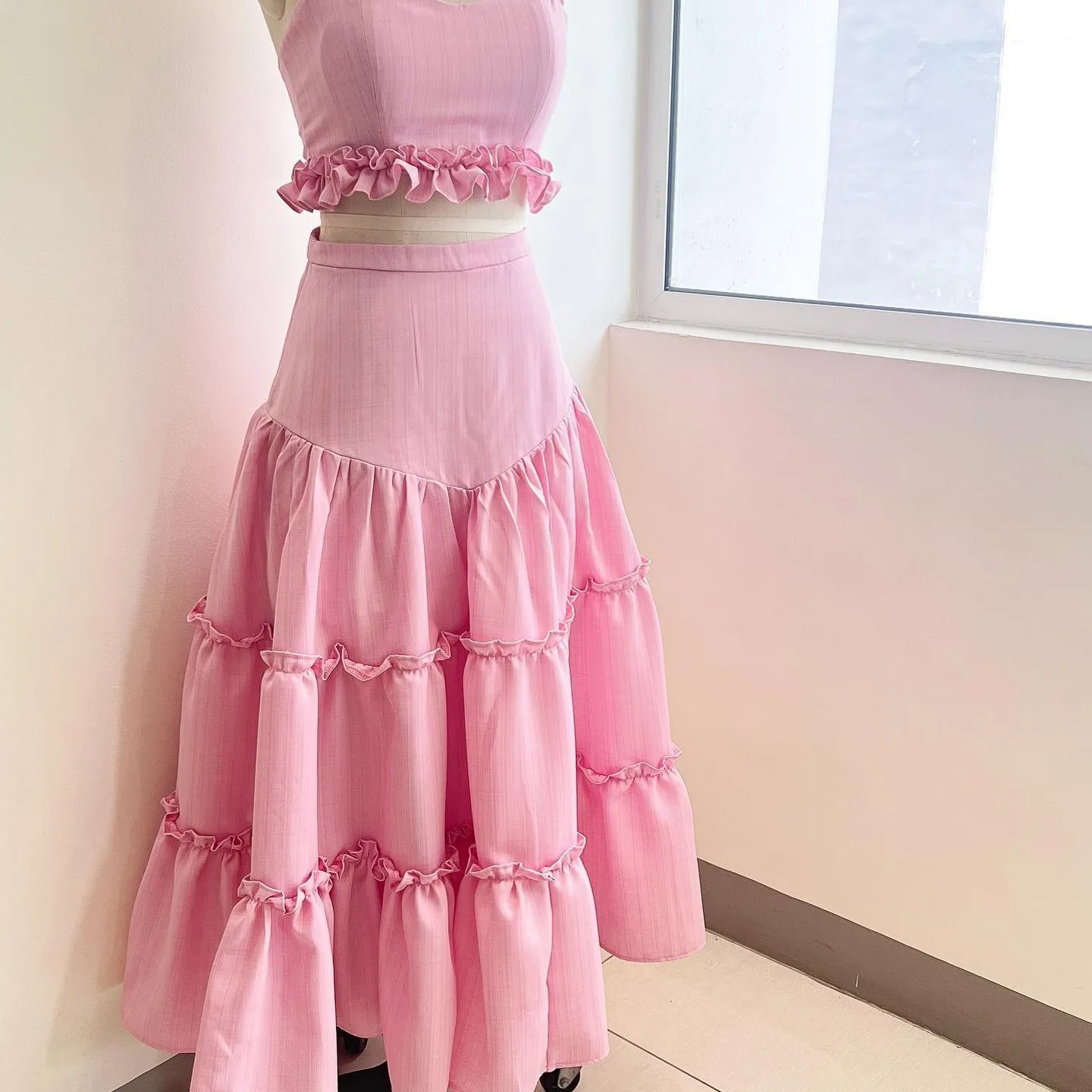 Couture Pink A-line Ankle Length Women Skirts With Ruffles Trimmed Real Image Pretty Female Maxi Skirt