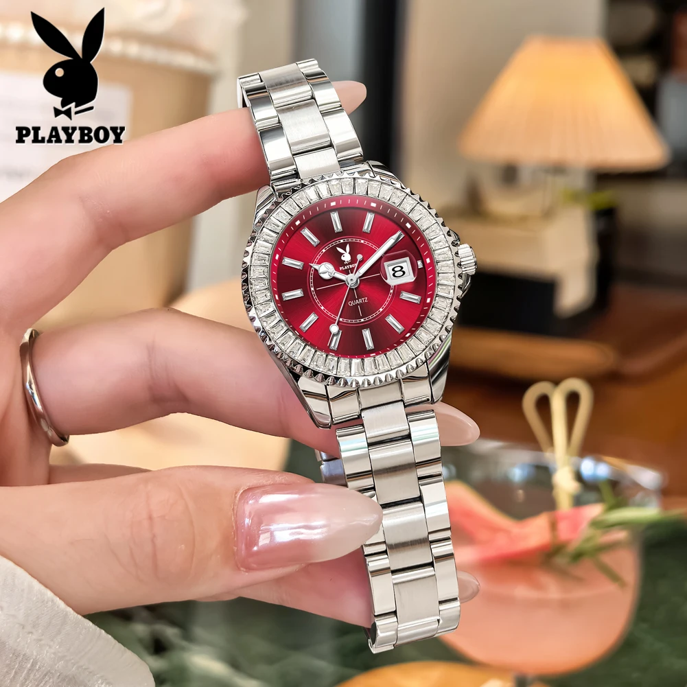 

PLAYBOY 3528 Luxury Brand Women's Quartz Watches Fashion Delicate Diamond Bezel Auto Date Waterproof Elegant Ladies Dress Watch