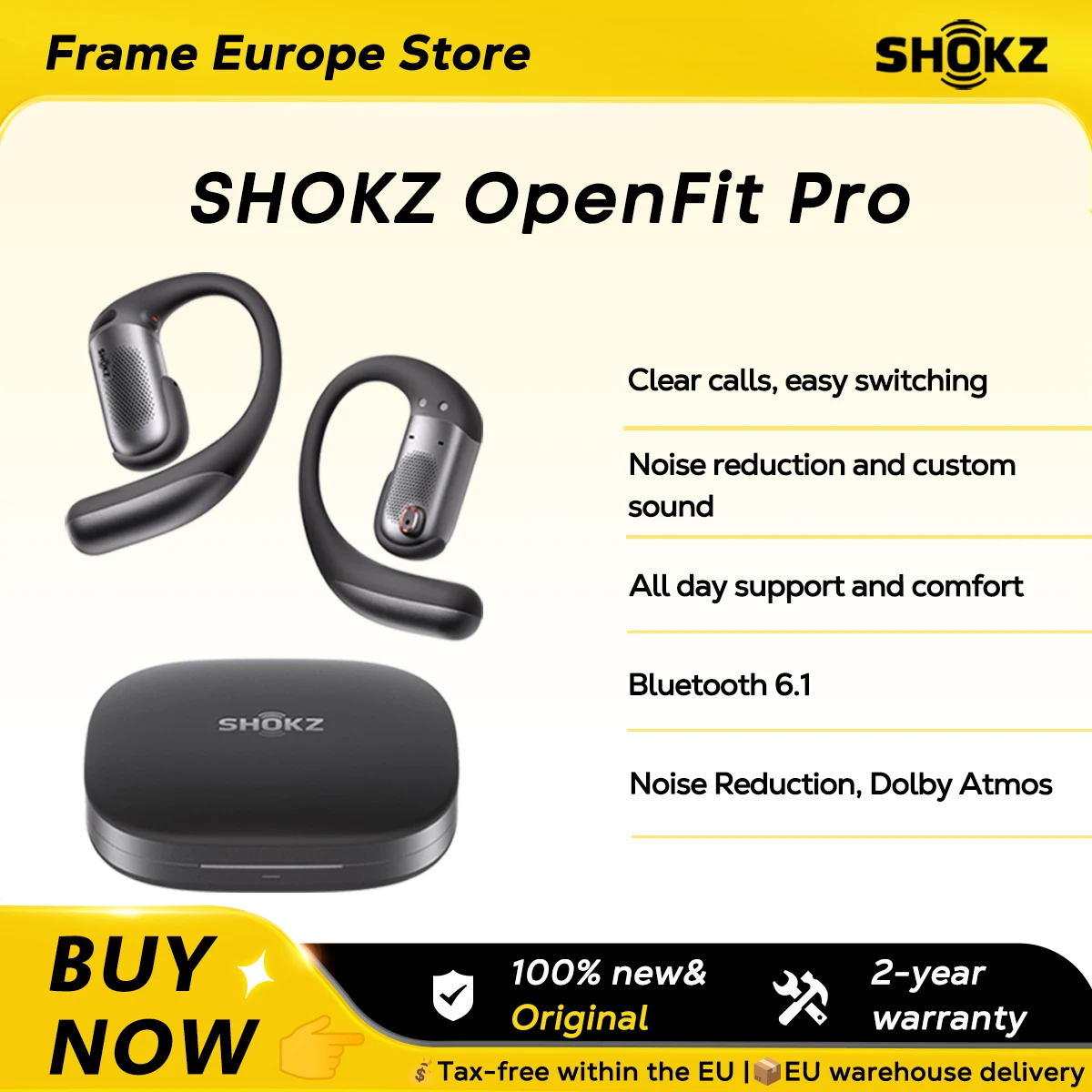 【LOCAL+】SHOKZ OpenFit Pro Kabellose Kopfhörer mit Free-Ears-Geräuschunterdrückung, Dolby Atmos, kraftvollem Bass, 50 Std. Spielzeit, klaren KI-Anrufen, für Sport und Arbeit, Bluetooth 6.1, IP55, T010,