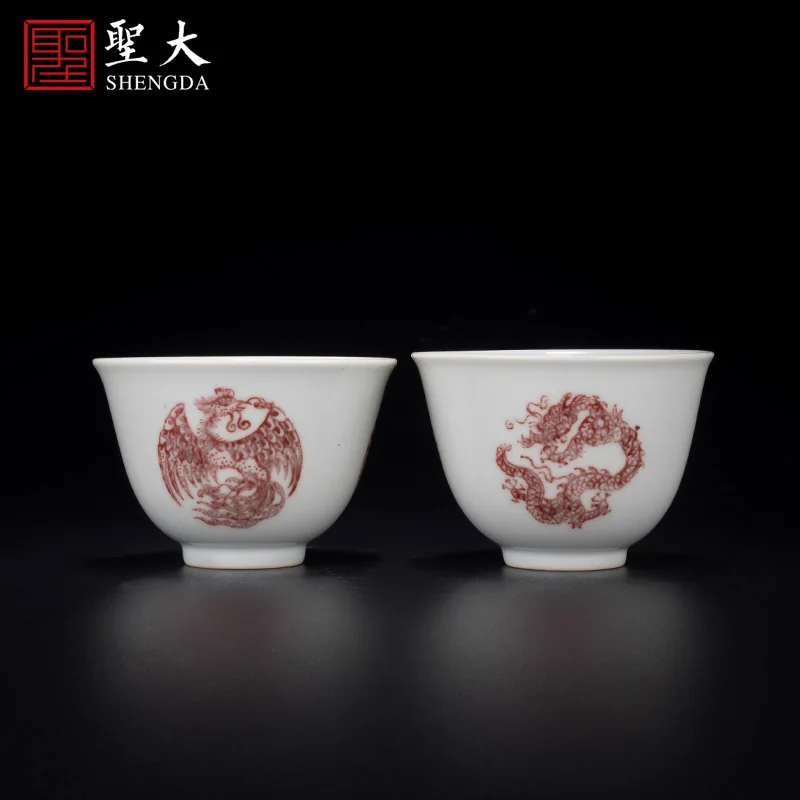 |red group dragon and Phoenix pair cup Jingdezhen tea set pure hand-painted tea cup high-grade Kung Fu tea cup