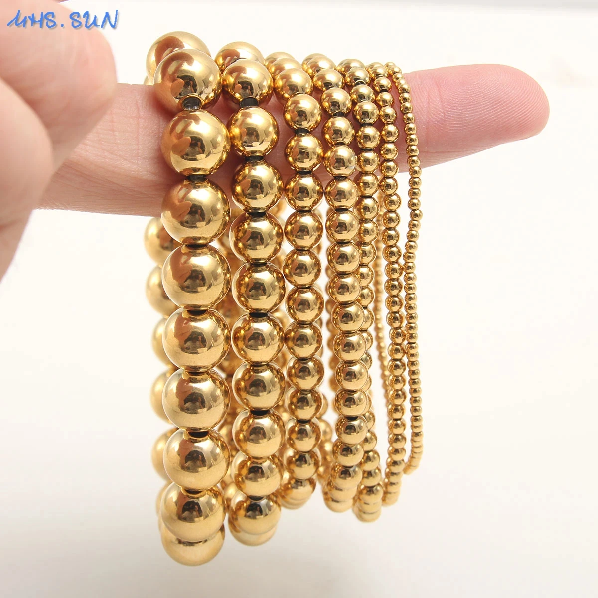 Gold Color Elastic Stainless Steel Bracelet Metal Ball 2-10mm Beaded Chain Bracelet For Women Men High Quality Fashion Jewelry