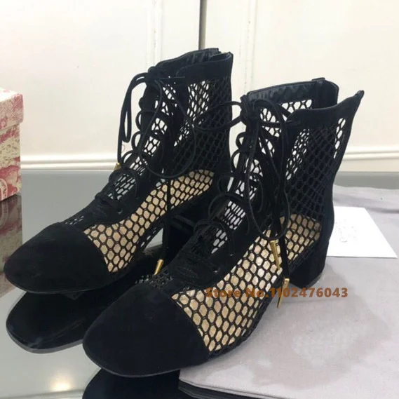 

Chic Mesh Patchwork Suede Crosstie Summer Ankle Boots hunky Heel Square Toe Woman Gladiator Fishnet Hollow Out Sandals Booties