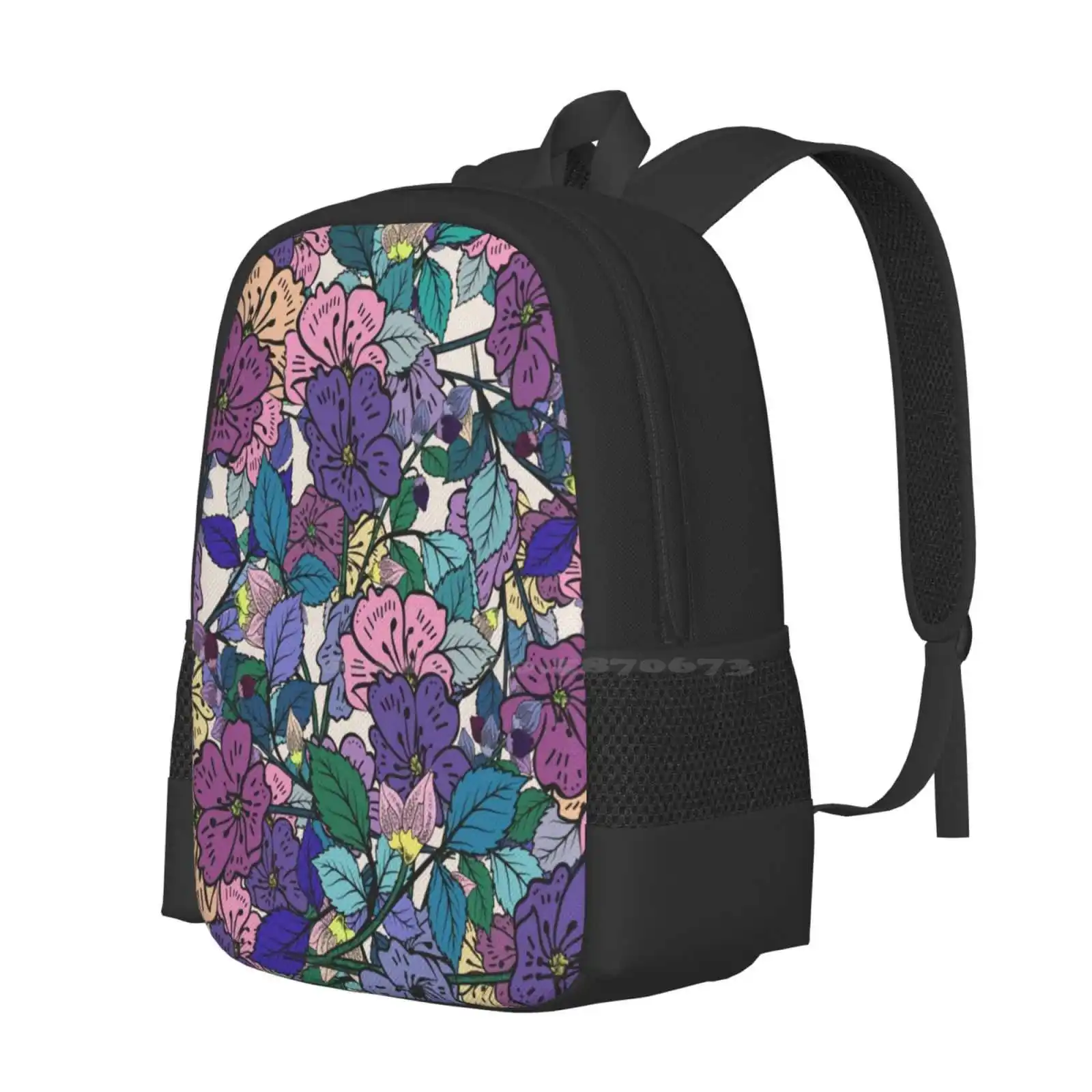 Efflorescence School Bag Big Capacity Backpack Laptop Summer Floral Flower Pattern Purple Pink Teal Green Yellow Spring Fresh