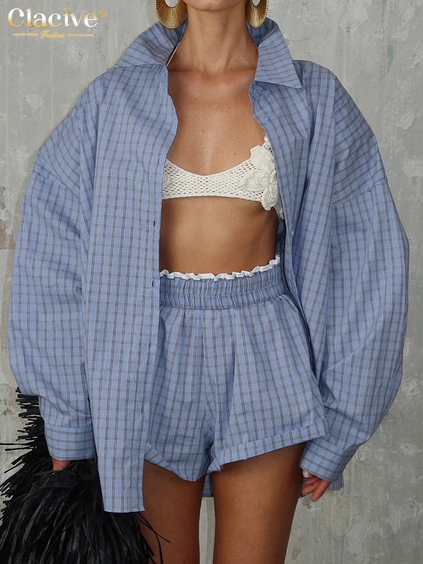 Clacive Fashion Loose Blue Plaid Women's Two Pieces Set 2025 Elegant Long Sleeve Shirt With High Waist Shorts Set Female Clothes