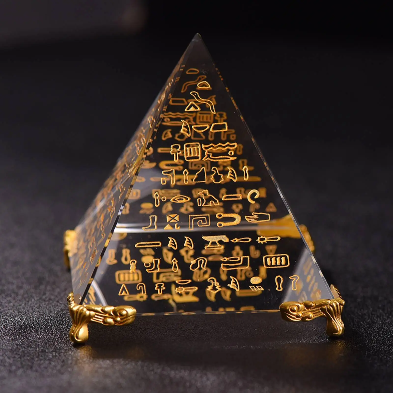 faceted-pyramid-ornament-printed-symbols-tetrahedral-ornament-gold-toned-desktop-pyramid-model