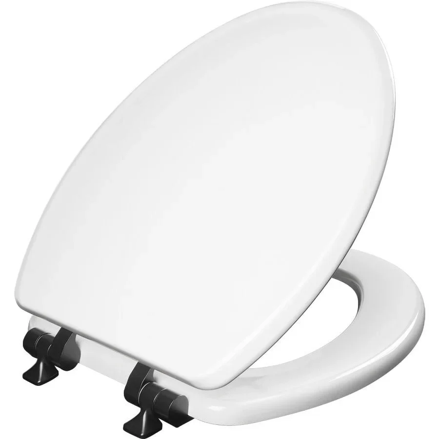 

BentonÂ®Elongated Enameled Wood Toilet Seat in White with Never Loosens and Soft Close Matte Black Hinge
