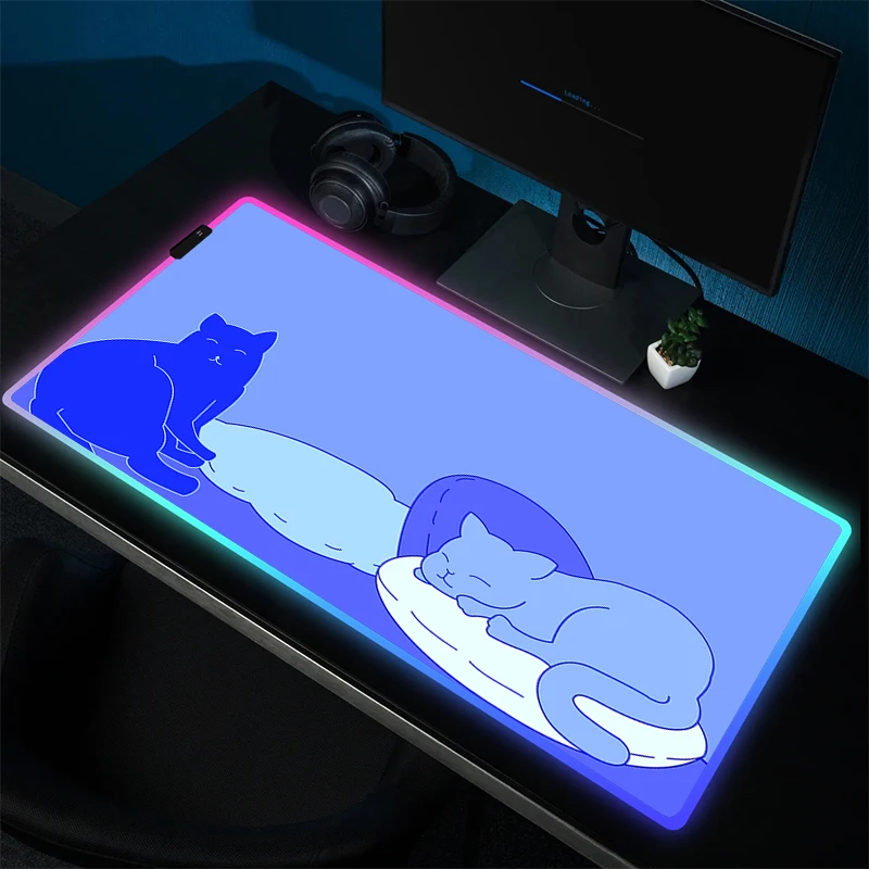 Большой игровой коврик для мыши RGB, милый коврик для мыши с HD-печатью, милый коврик для мыши в стиле аниме с кошкой, игровой Настольный коврик для мыши, резиновые аксессуары XL