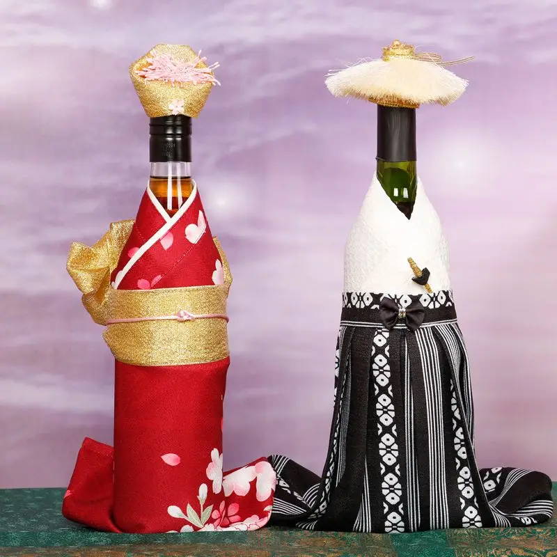 Decorative Display Japanese Kimono Style Food Stores Wine Bottle Covers Kimono Couple Red Wine Bottle Dust Covers With Hat ZD913