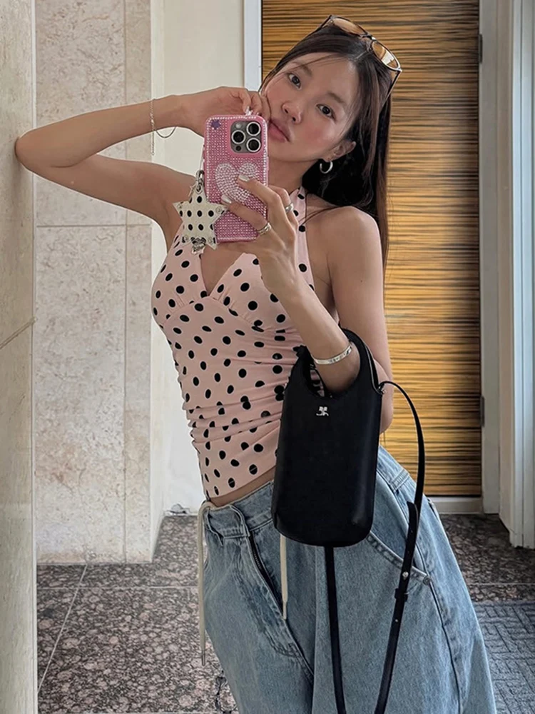 Spicy Girl Polka Dot Halter Neck V-Neck Cropped Top, Waist Ruched Design Tight Fitting Figure-Hugging Tank Top